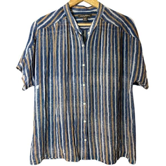 TOMMY BAHAMA Blue Sheer Short Sleeve Collarless Stripe Button Front Shirt LARGE - Picture 1 of 9